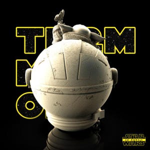 May include: A 3D-printed model of Grogu, also known as Baby Yoda, perched atop a spherical object. The model is light gray, with a butterfly on Grogu's hand. The background is black with yellow text that reads "TEAM M". The Star Wars logo is in the bottom right corner.