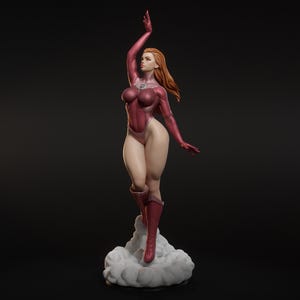 May include: A figurine of a woman in a dynamic pose, clad in a maroon bodysuit and boots. Her red hair flows, and she stands atop a cloud-like base. The figure has a determined expression, with one arm raised.