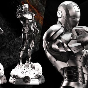 May include: Silver Iron Man statues in various poses, set against a dark background. The statues are detailed and stand on a base with the Avengers logo. The text "Avengers Assemble" is visible at the top left.