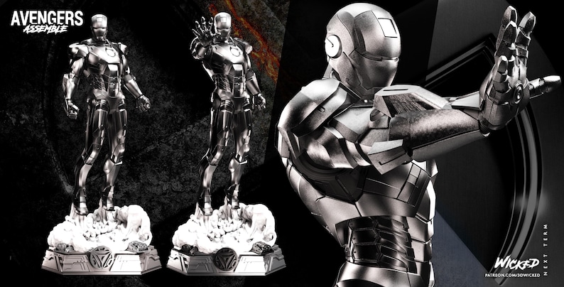 May include: Silver Iron Man statues in various poses, set against a dark background. The statues are detailed and stand on a base with the Avengers logo. The text "Avengers Assemble" is visible at the top left.