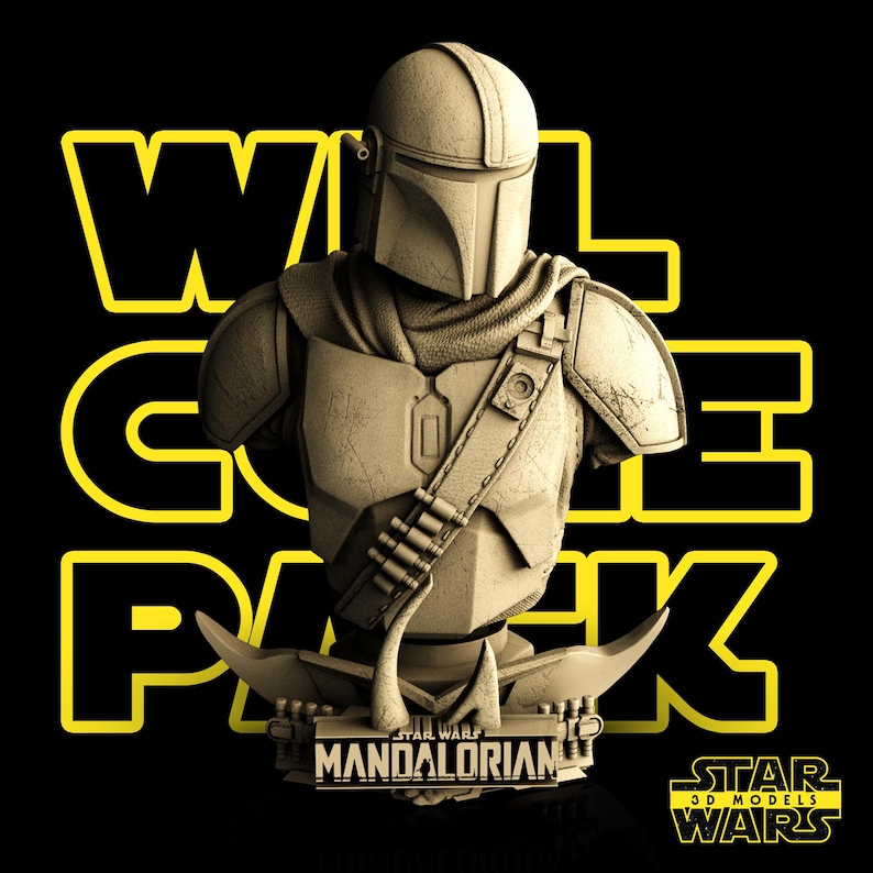 May include: A beige Mandalorian bust with the words "WILL COME PACK" in yellow block letters on a black background. The bust features a helmet, armor, and a bandolier. The Star Wars and Mandalorian logos are also visible.