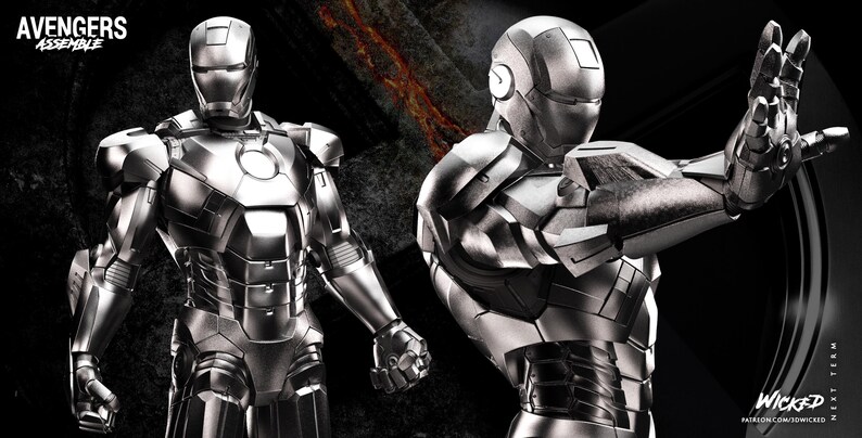 May include: Two metallic silver Iron Man suits are displayed against a dark background. The left figure stands upright, while the right figure is posed with an outstretched arm. The words "AVENGERS ASSEMBLE" are in the top left corner.
