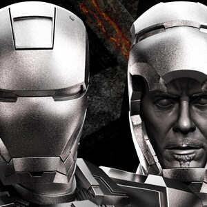 May include: A digitally rendered image featuring two Iron Man helmet designs. The left helmet is a full face design, while the right reveals a human face. The text "AVENGERS ASSEMBLE" is in the upper left corner.