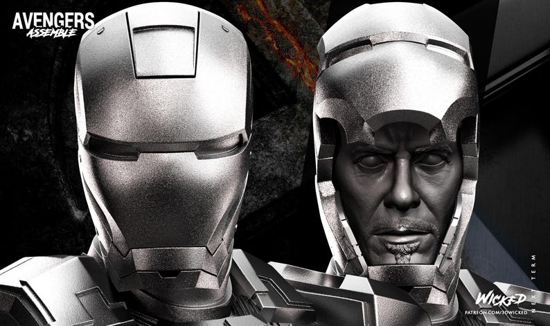 May include: A digitally rendered image featuring two Iron Man helmet designs. The left helmet is a full face design, while the right reveals a human face. The text "AVENGERS ASSEMBLE" is in the upper left corner.