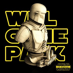 May include: A beige Mandalorian bust with a helmet, armor, and a detailed base. The words "WELCOME PACK" are in yellow block letters on a black background. The Star Wars logo is visible.