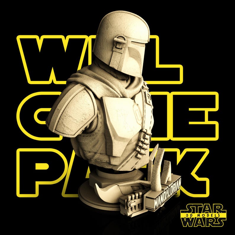 May include: A beige Mandalorian bust with a helmet, armor, and a detailed base. The words "WELCOME PACK" are in yellow block letters on a black background. The Star Wars logo is visible.