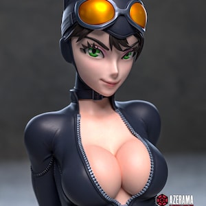 May include: A figurine of Catwoman, depicted in a black catsuit with a zipper, cat ears, and goggles with orange lenses. The character has green eyes and a confident expression. The figurine is a 3D render.