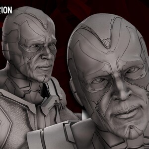 May include: A grayscale diorama featuring two detailed busts of Vision from the WandaVision series. The busts are intricately designed with visible lines and textures, showcasing the character's features. The image includes the text "WANDAVISION DIORAMA" and "WICKED".