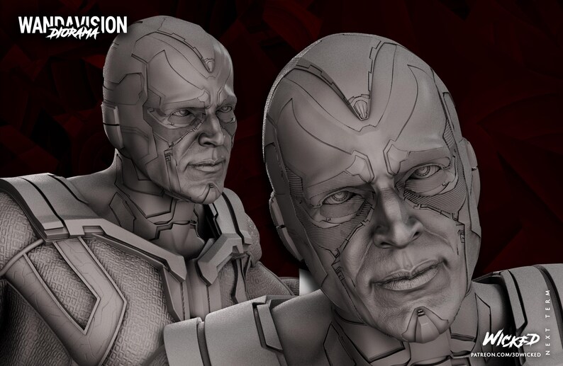 May include: A grayscale diorama featuring two detailed busts of Vision from the WandaVision series. The busts are intricately designed with visible lines and textures, showcasing the character's features. The image includes the text "WANDAVISION DIORAMA" and "WICKED".