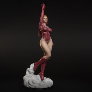 May include: A red-toned figurine of a woman in a superhero-style outfit, with a dynamic pose. She is wearing a form-fitting bodysuit, boots, and a cape. Her right arm is raised, and she is standing on a cloud-like base.