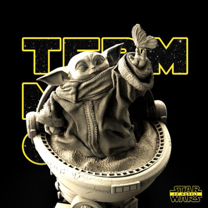 May include: A detailed 3D model of Grogu from Star Wars, seated in his floating pram, reaching for a butterfly. The figure is in a neutral color palette, set against a black background with yellow text that reads "TEAM" and "STAR WARS" logo.