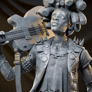 May include: A gray sculpture of a person with a bass guitar. The figure wears a studded jacket, choker, and wristbands. The hair is styled in a unique, textured design. The sculpture has a determined expression, gazing upwards.