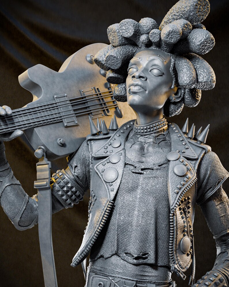 May include: A gray sculpture of a person with a bass guitar. The figure wears a studded jacket, choker, and wristbands. The hair is styled in a unique, textured design. The sculpture has a determined expression, gazing upwards.