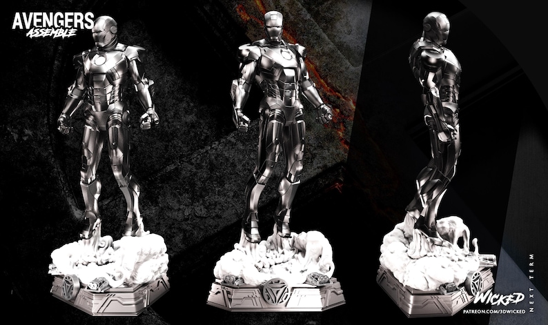 May include: A silver Iron Man statue in three views. The figure stands on a rocky base with the words "Avengers Assemble" at the top left. The statue is highly detailed and metallic, with a sleek, modern design.