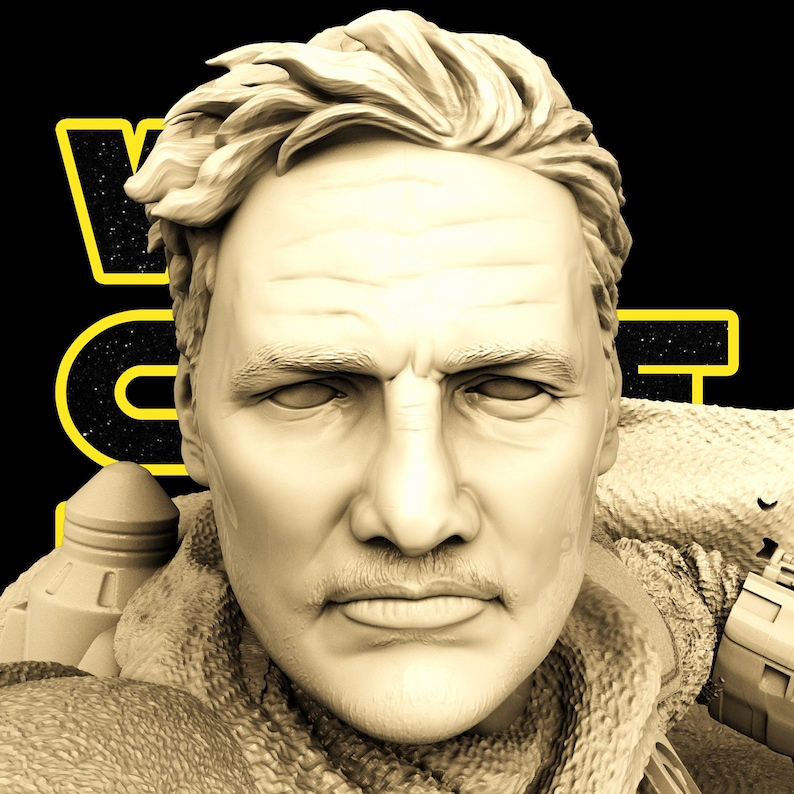 May include: A sepia-toned bust of a man with a stern expression, mustache, and short hair. The image includes the yellow text "VADER" on a black background, suggesting a character likeness from a science fiction theme.