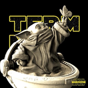 May include: A sepia-toned sculpture of a character from Star Wars, holding a butterfly. The character is in a white cradle, with the words "TERM" in yellow. The Star Wars logo is in the bottom right corner.