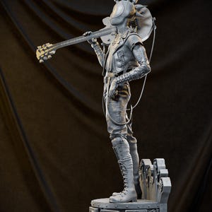 May include: A gray sculpture of a futuristic musician holding a guitar. The figure wears a jacket, pants, and boots, and stands on a platform with speaker details. The sculpture has a spiky headpiece and a detailed guitar.