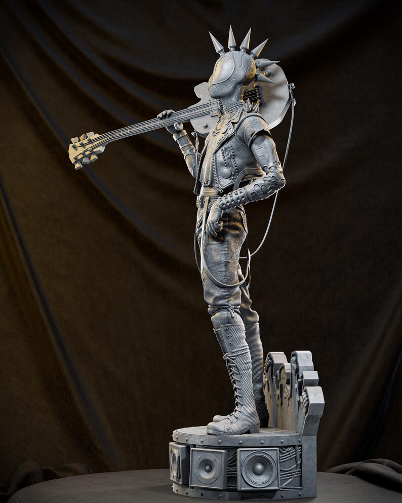 May include: A gray sculpture of a futuristic musician holding a guitar. The figure wears a jacket, pants, and boots, and stands on a platform with speaker details. The sculpture has a spiky headpiece and a detailed guitar.