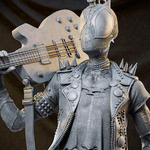 May include: A gray figurine of a character in a studded leather jacket, holding a bass guitar. The character has a spiky headpiece and a mask. The guitar has six tuning pegs and a strap. The figure is detailed with textures and rivets.