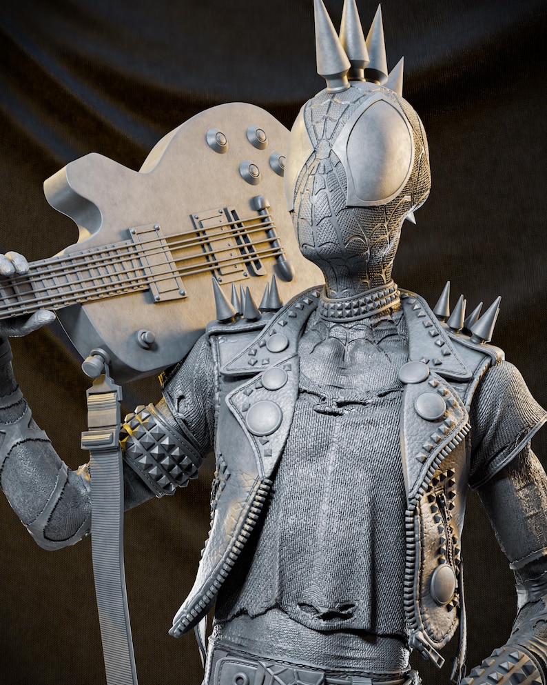 May include: A gray figurine of a character in a studded leather jacket, holding a bass guitar. The character has a spiky headpiece and a mask. The guitar has six tuning pegs and a strap. The figure is detailed with textures and rivets.