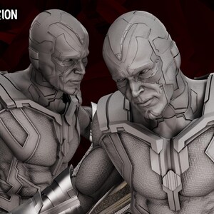 May include: A grayscale diorama featuring two Vision figures from the WandaVision series. The figures have detailed facial features and are wearing armor-like costumes. The image includes the text "WandaVision Diorama" and "Wicked Next Term".