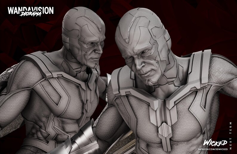 May include: A grayscale diorama featuring two Vision figures from the WandaVision series. The figures have detailed facial features and are wearing armor-like costumes. The image includes the text "WandaVision Diorama" and "Wicked Next Term".