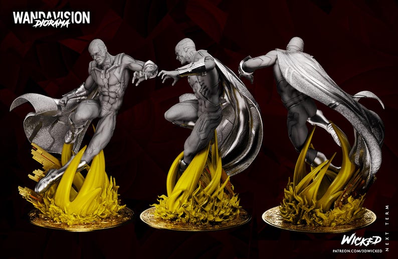 May include: A diorama featuring three Vision figures in dynamic poses, each atop a golden, flame-like base. The figures are grey and silver, with flowing capes. The text "WandaVision Diorama" and "Wicked" are visible.