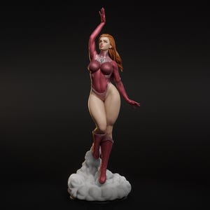 May include: A detailed figurine of a woman in a red bodysuit, boots, and gloves, with her right arm raised. The figure has long red hair and is standing on a cloud-like base. The background is a solid black.