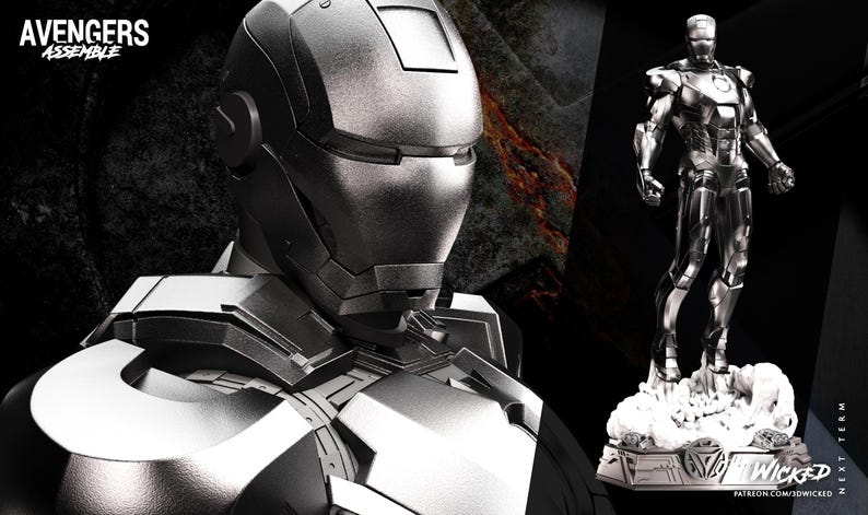 May include: A detailed, grayscale image featuring a metallic Iron Man suit and a War Machine helmet. The text "AVENGERS ASSEMBLE" is in the upper left corner. A full Iron Man figure stands on a base in the background.