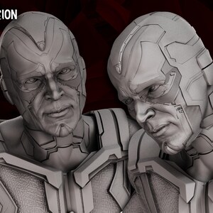 May include: A grayscale diorama featuring two Vision figures from the WandaVision series. The figures have detailed facial features and are wearing armored costumes. The image has the text "WANDAVISION DIORAMA" at the top left.