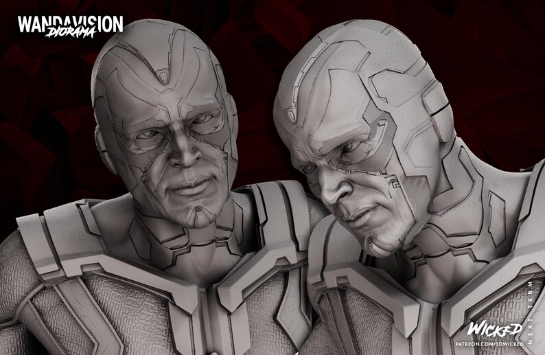 May include: A grayscale diorama featuring two Vision figures from the WandaVision series. The figures have detailed facial features and are wearing armored costumes. The image has the text "WANDAVISION DIORAMA" at the top left.
