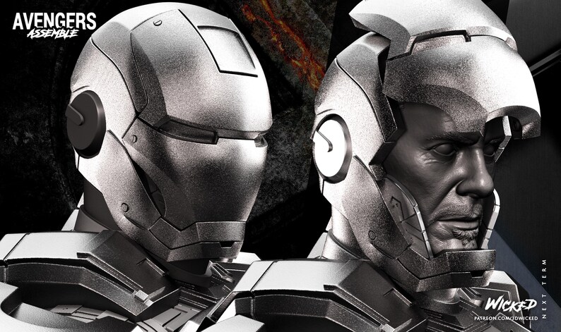 May include: Two silver-colored Iron Man helmets are displayed, one complete and the other with the face exposed. The image has the text "AVENGERS ASSEMBLE" in the upper left corner. The background is dark.