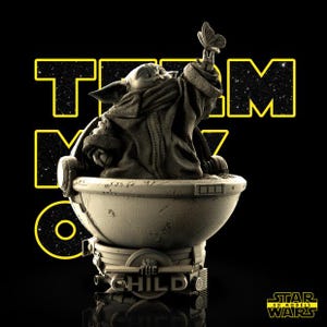 May include: A detailed sculpture of The Child from Star Wars, seated in a pod-like carrier, reaching for a butterfly. The sculpture is in a sepia tone, set against a black background with yellow text that reads "TEAM M". The Star Wars logo is in the bottom right.