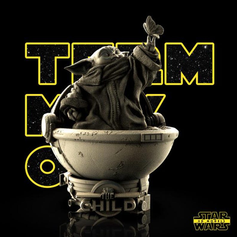 May include: A detailed sculpture of The Child from Star Wars, seated in a pod-like carrier, reaching for a butterfly. The sculpture is in a sepia tone, set against a black background with yellow text that reads "TEAM M". The Star Wars logo is in the bottom right.