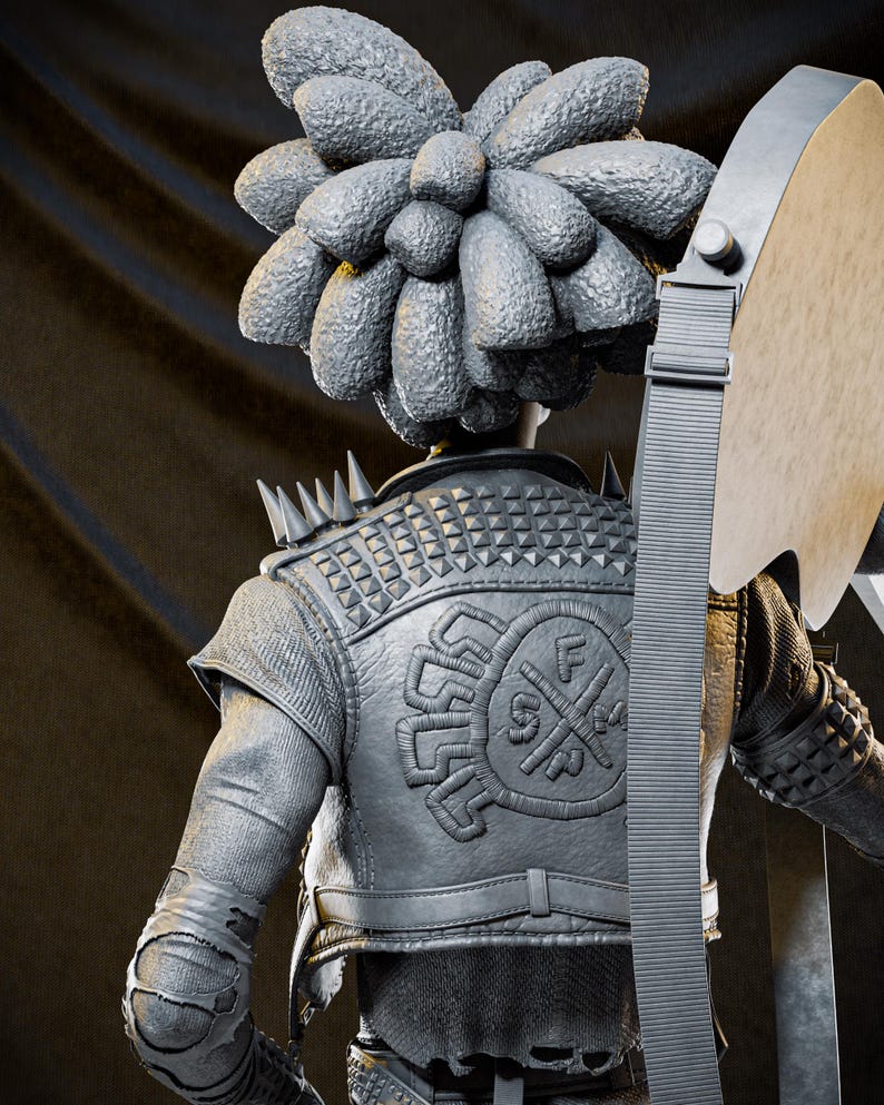 May include: A gray sculpture of a figure with a textured headpiece and a studded leather jacket. The jacket features a circular emblem on the back. The figure is holding a large, gray axe with a strap.
