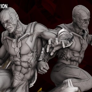 May include: A grayscale diorama of two Vision figures from WandaVision. The figures are in action poses, with detailed armour and facial features. The image includes the text "WANDAVISION DIORAMA" and "WICKED".