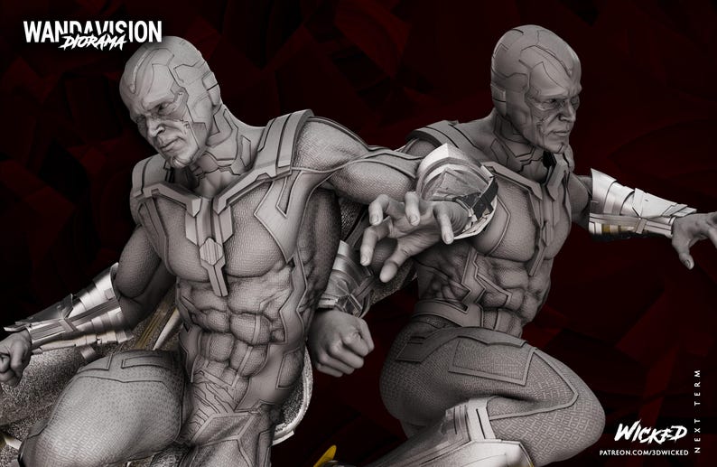 May include: A grayscale diorama of two Vision figures from WandaVision. The figures are in action poses, with detailed armour and facial features. The image includes the text "WANDAVISION DIORAMA" and "WICKED".