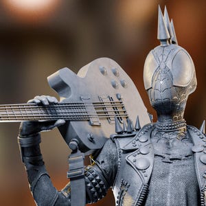 May include: A gray statue of a figure in a punk rock style, holding a bass guitar over its shoulder. The figure has a helmet with spikes and a studded jacket. The guitar has six strings and a unique headstock design.