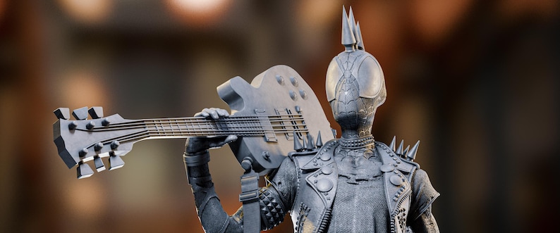 May include: A gray statue of a figure in a punk rock style, holding a bass guitar over its shoulder. The figure has a helmet with spikes and a studded jacket. The guitar has six strings and a unique headstock design.