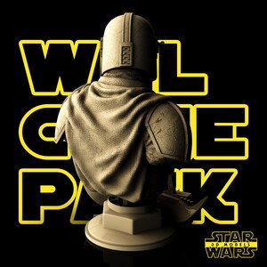 May include: A tan-colored bust of a Mandalorian character, viewed from the back, set against a black background. The bust features a helmet, shoulder armor, and a cape. Yellow text reads "WELCOME PACK" and "STAR WARS 3D MODELS".