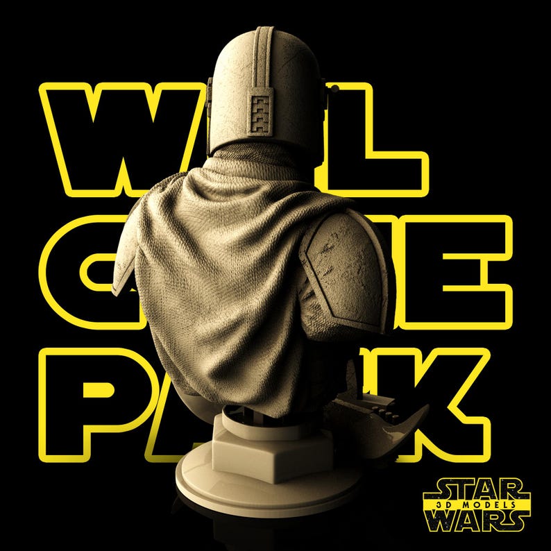 May include: A tan-colored bust of a Mandalorian character, viewed from the back, set against a black background. The bust features a helmet, shoulder armor, and a cape. Yellow text reads "WELCOME PACK" and "STAR WARS 3D MODELS".