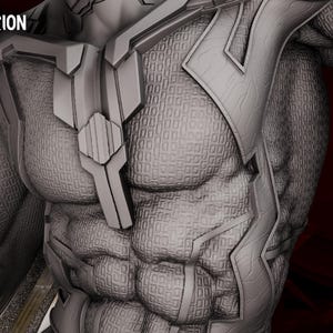 May include: A detailed grayscale 3D model of a muscular torso, featuring intricate geometric patterns and armor-like elements. The image includes the text "WANDAVISION DIORAMA" and "WICKED" with a Patreon link.