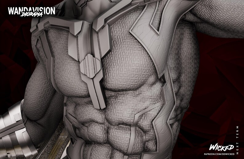 May include: A detailed grayscale 3D model of a muscular torso, featuring intricate geometric patterns and armor-like elements. The image includes the text "WANDAVISION DIORAMA" and "WICKED" with a Patreon link.