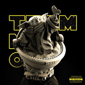 May include: A detailed 3D model of a character from Star Wars, holding a butterfly. The figure is seated in a pod, with the text "TEAM NO ONE" and "THE CHILD" visible. The background is black, with the Star Wars logo.