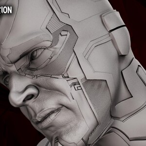 May include: A grayscale 3D rendering of a character's face, with detailed mechanical elements on the head and neck. The image includes the text "WANDAVISION DIORAMA" and "WICKED" with a website address.