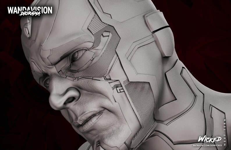 May include: A grayscale 3D rendering of a character's face, with detailed mechanical elements on the head and neck. The image includes the text "WANDAVISION DIORAMA" and "WICKED" with a website address.