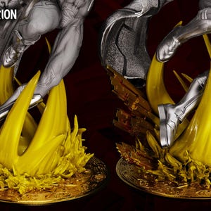 May include: A detailed diorama statue featuring a figure in a dynamic pose, with silver and grey accents. The figure is set against a vibrant yellow and gold base, with the text "WandaVision Diorama" and "Wicked" visible.