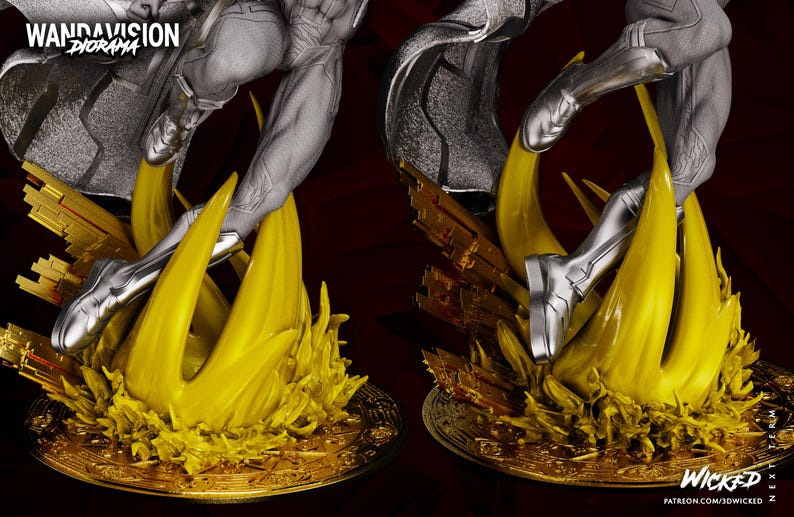 May include: A detailed diorama statue featuring a figure in a dynamic pose, with silver and grey accents. The figure is set against a vibrant yellow and gold base, with the text "WandaVision Diorama" and "Wicked" visible.