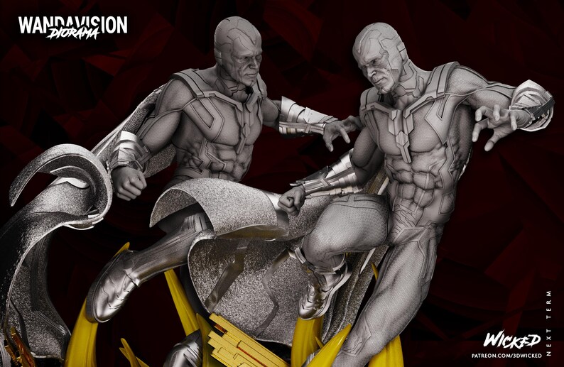 May include: A grayscale diorama of two Vision figures in action poses. The figures have metallic detailing and capes, set against a dark red background. The text "WandaVision Diorama" is at the top, and "Wicked" and "Next Term" are at the bottom.