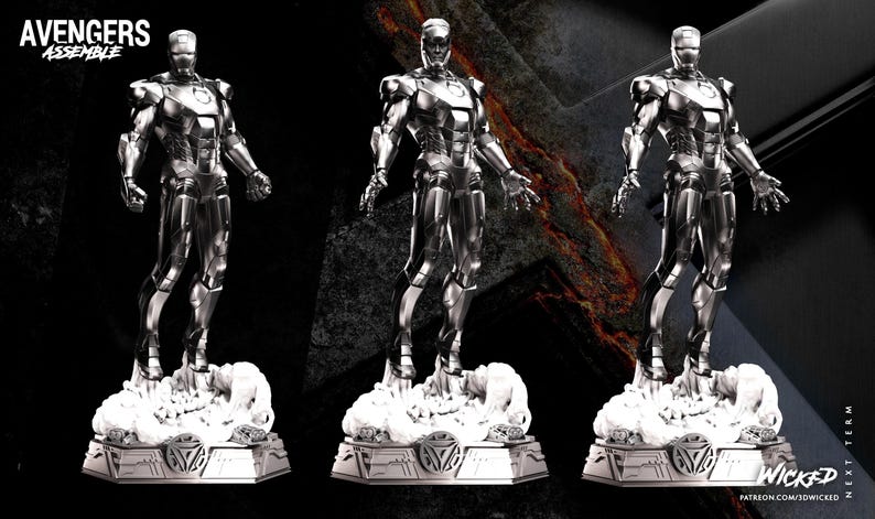 May include: Three metallic Iron Man statues on decorative bases. The statues are silver and stand on a cloud-like base. The bases have a geometric design. The text "AVENGERS ASSEMBLE" is in the upper left corner.